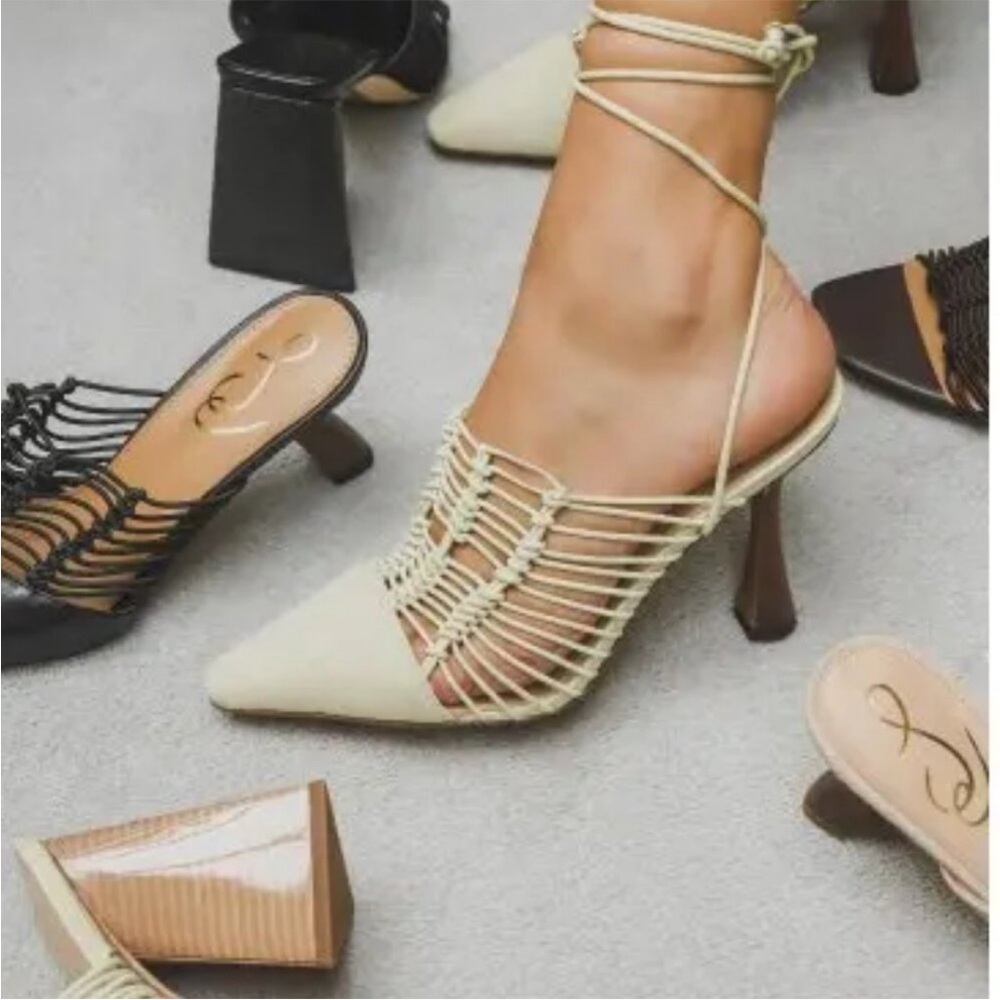 Sam Edelman Cream Strappy Pointed-Toe Lace-Up Heels